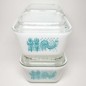 Vintage Pyrex Amish Butterprint Refrigerator Set Turquoise White 501 502